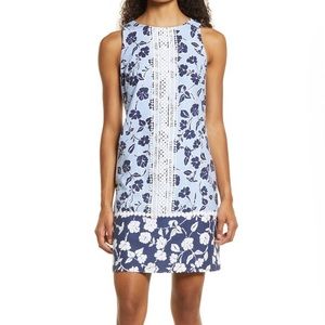 Eliza J Blue Floral Lace Trim Sleeveless Shift Dress